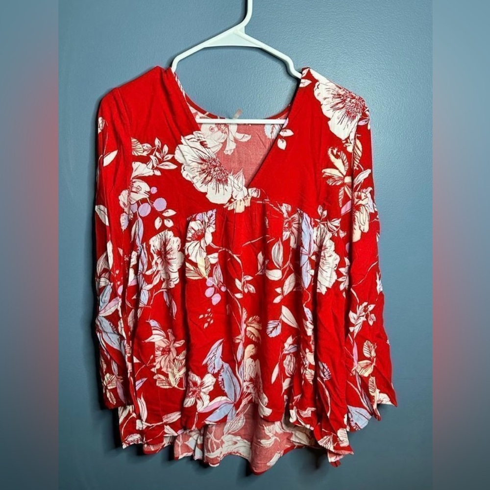 Free People Balla Tunic Top Red Floral Boho Bell Sleeves Size Small